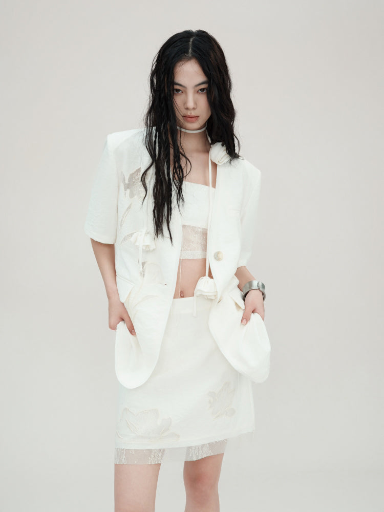 Carved Lace Embroidery Jacket & Camisole & Short Skirt