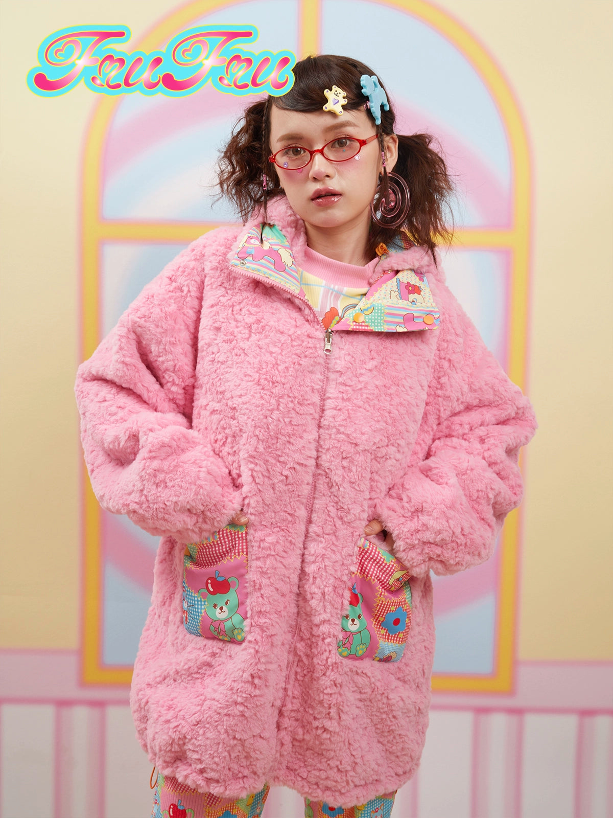 귀여운 인쇄 양면 보아 후드 코트