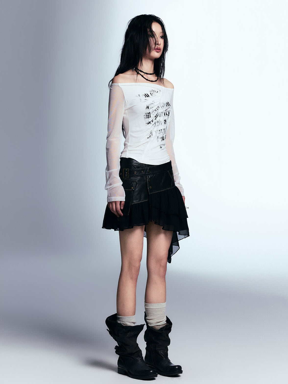 Print Off-shoulder Splicing Mesh Long-sleeved T-shirt