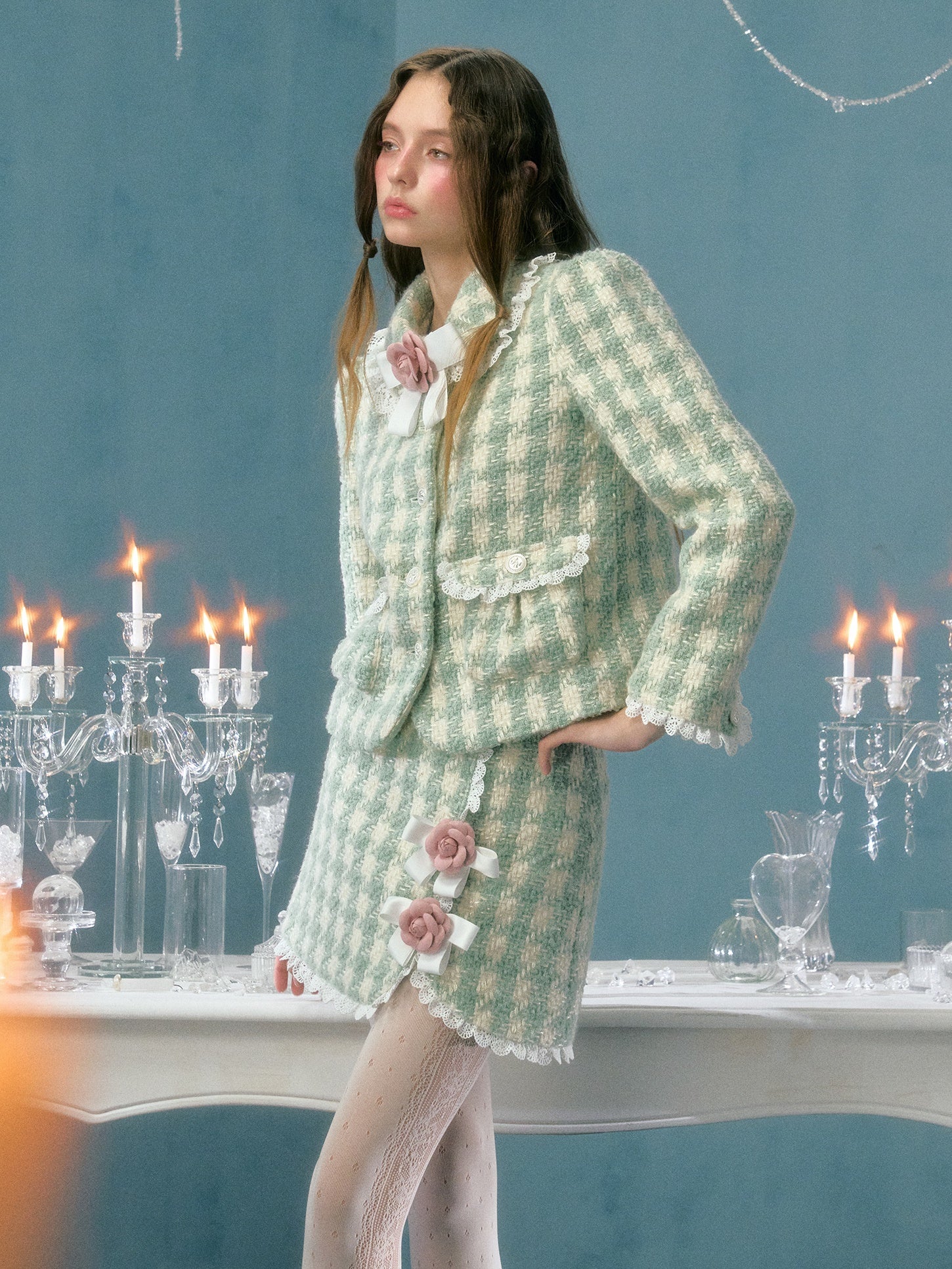 Plaid Bow Flower Brooch Lace Padded Short Jacket & Skirt