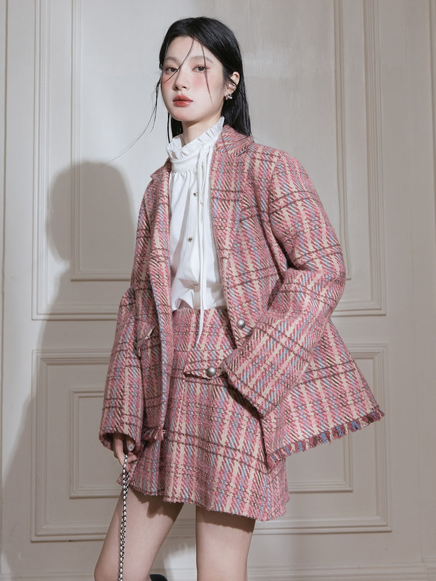 Plaid Tweed Asymmetry Design Jacket & Skirt