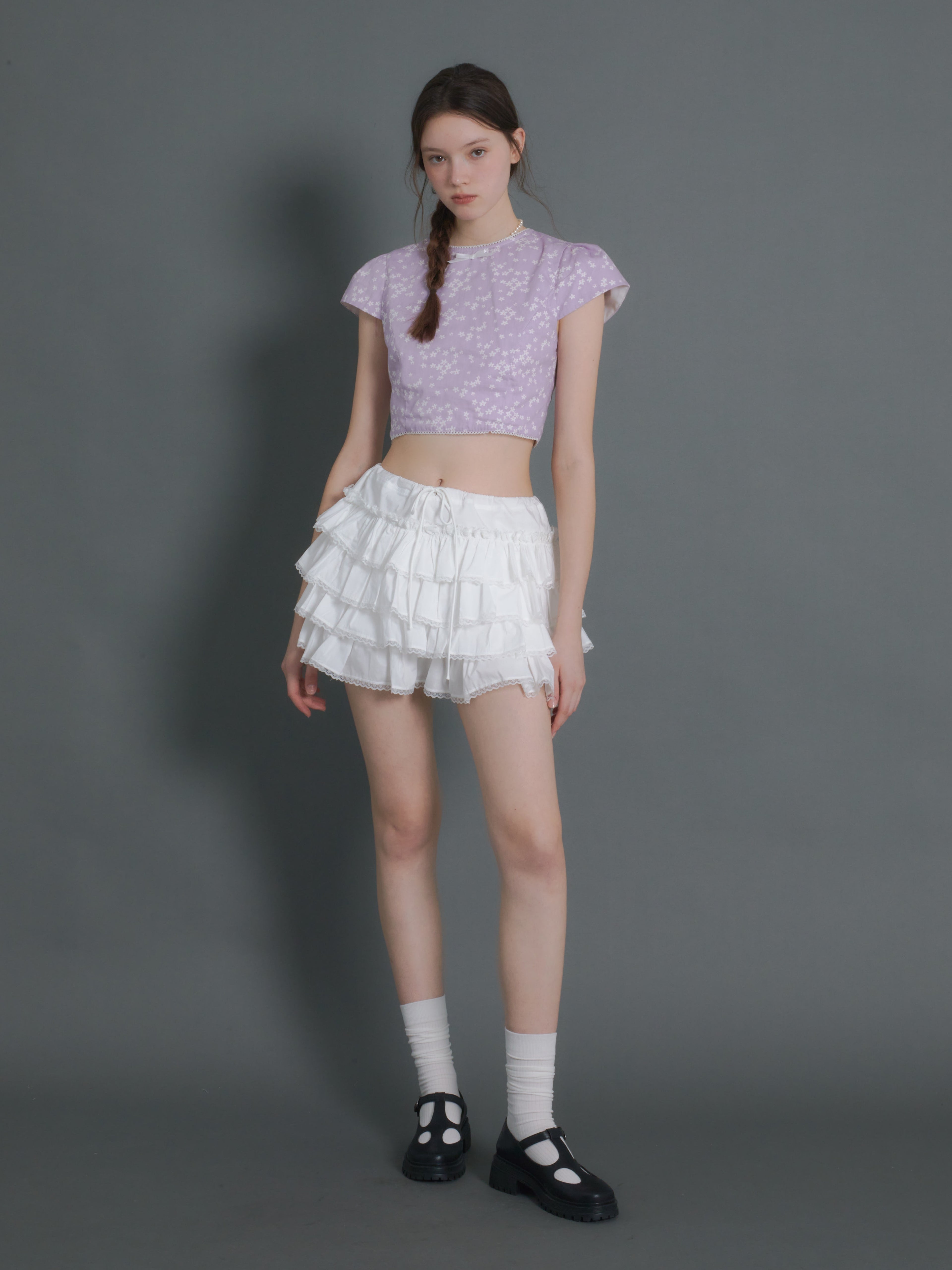 Floral Short Sleeve Cropped Top & Ribbon Bud Skirt
