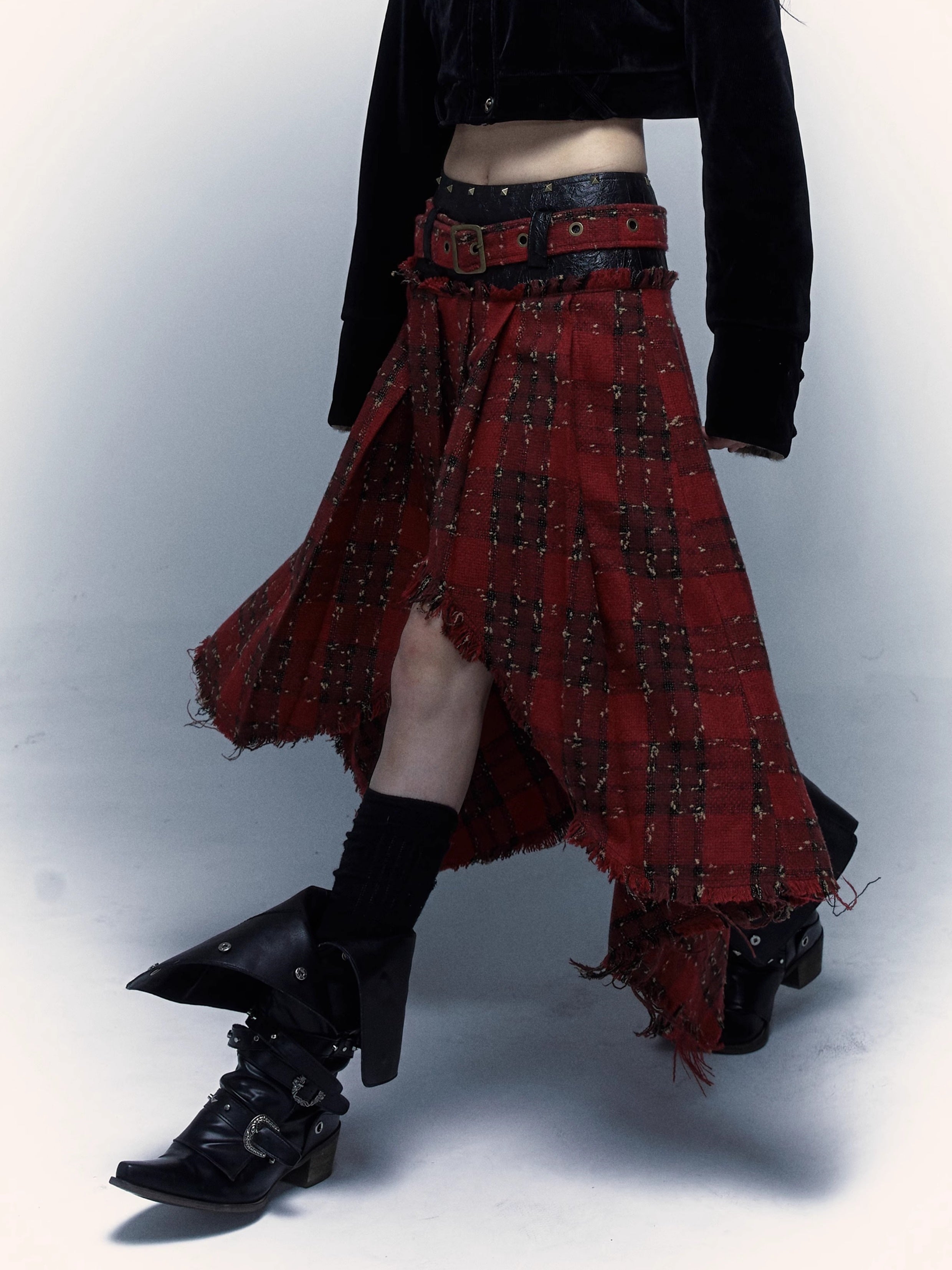 Punk Plaid Stitching Irregular Skirt