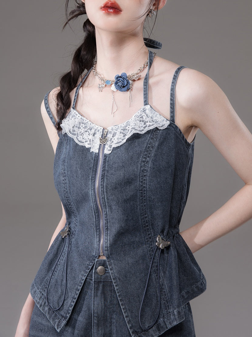 Double Strap Lace Stitch Denim Camisole & Wide-Leg Jeans Set-up