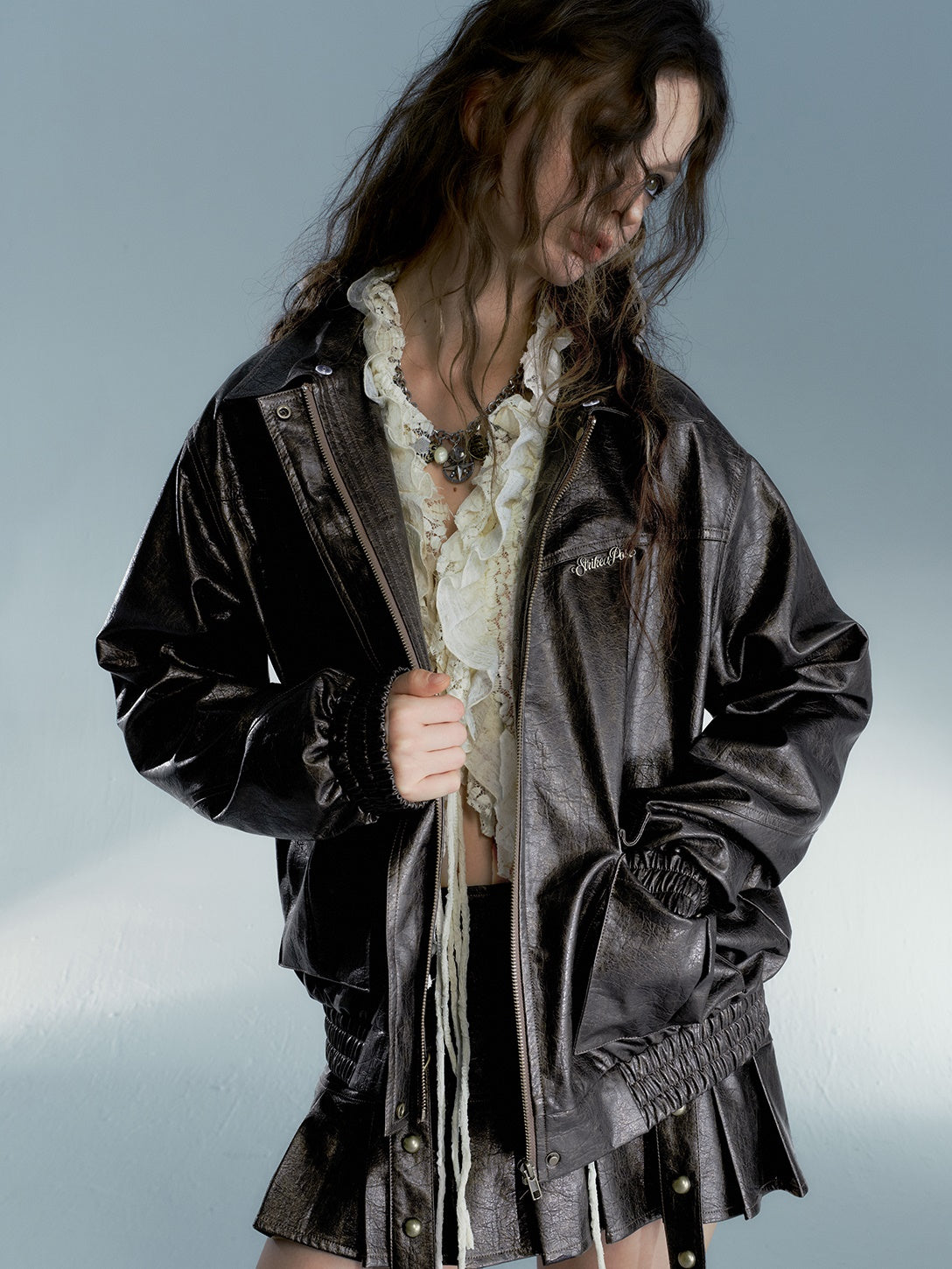 Abnehmbares Plüschkragen lose Lederjacke