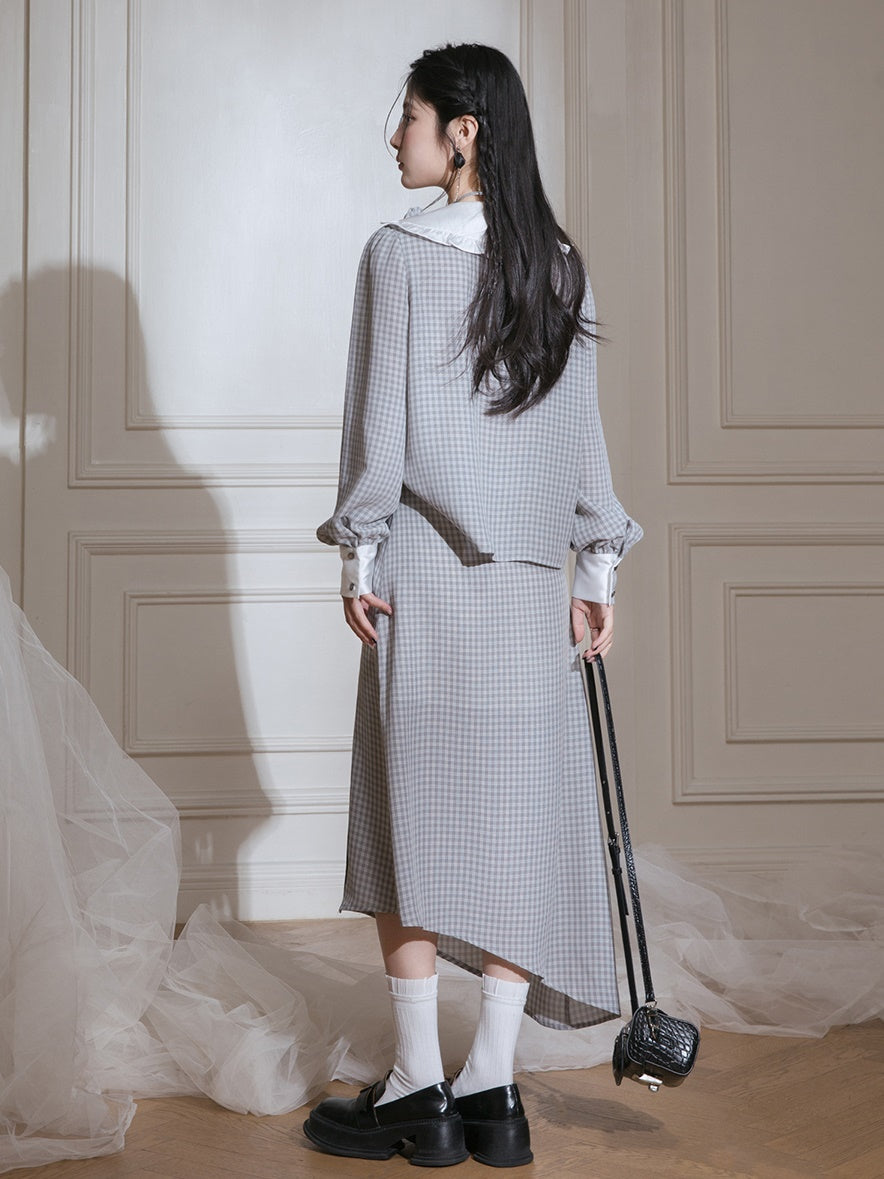 Contrast Color Plaid Shirt & Asymmetry Skirt Set-up