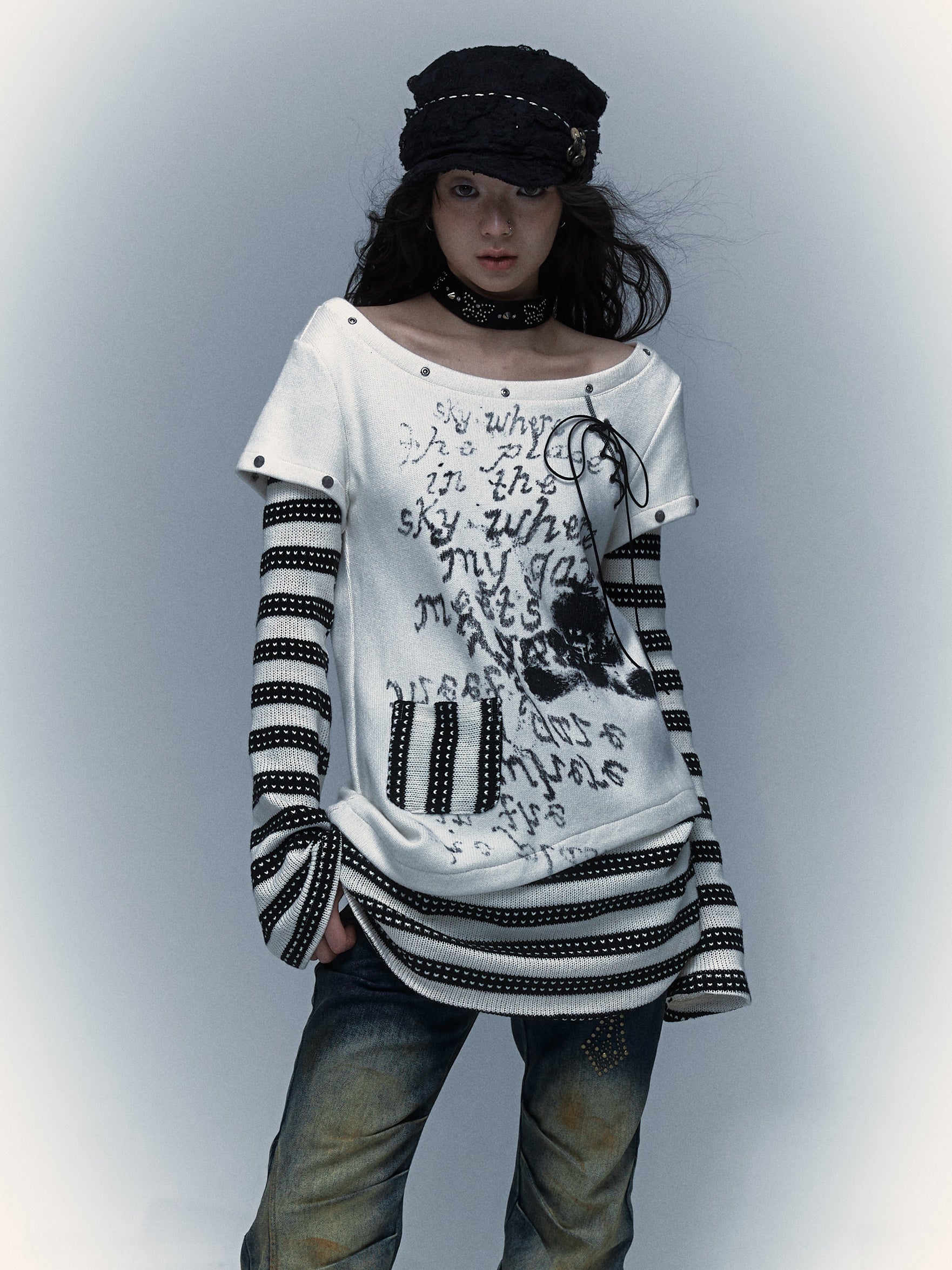 펑크 스 플라이 싱 스트라이프 프린트 긴팔 티셔츠