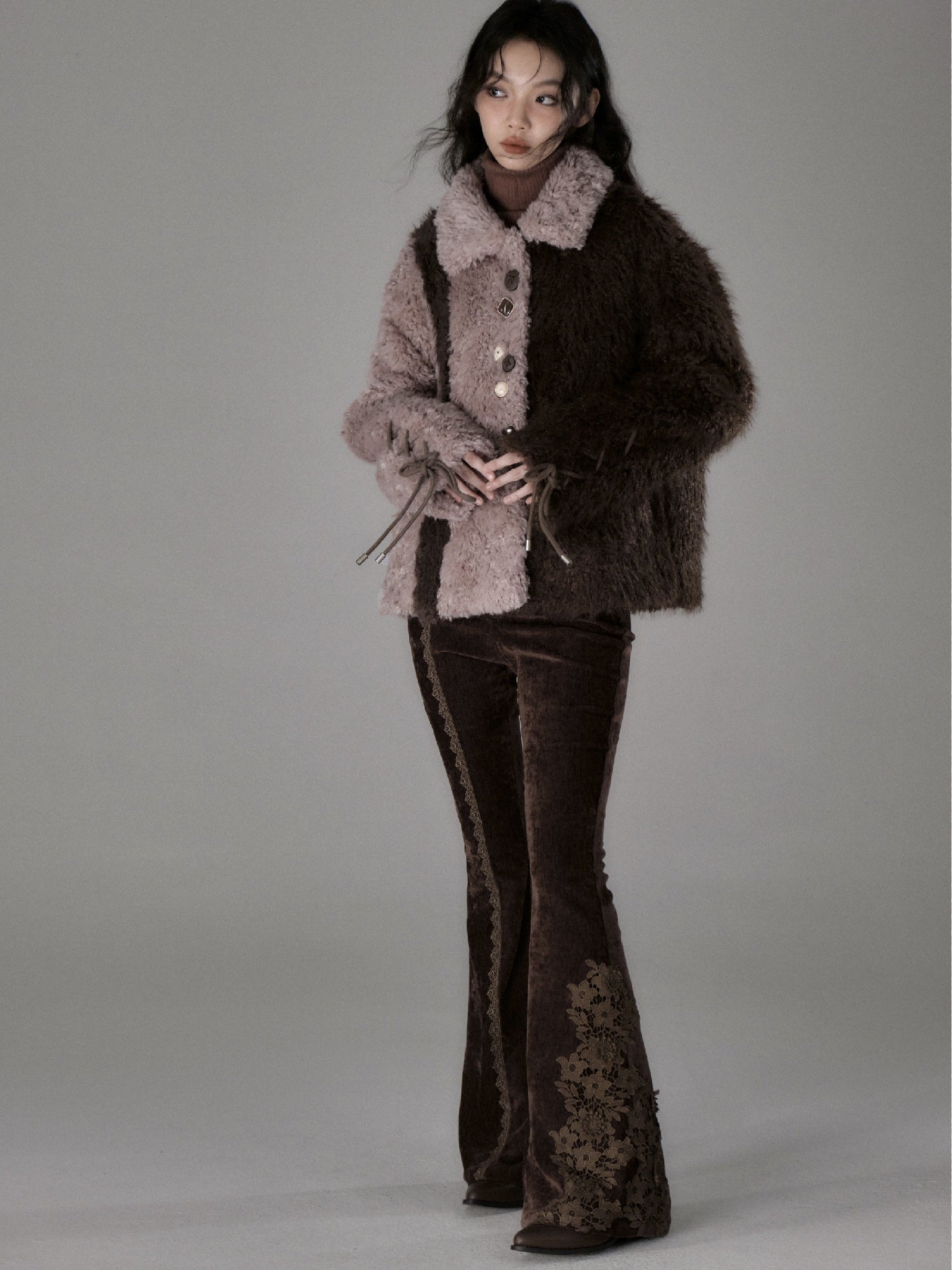 Lace Stitch Elastic Slim Velvet Bootcut Pants