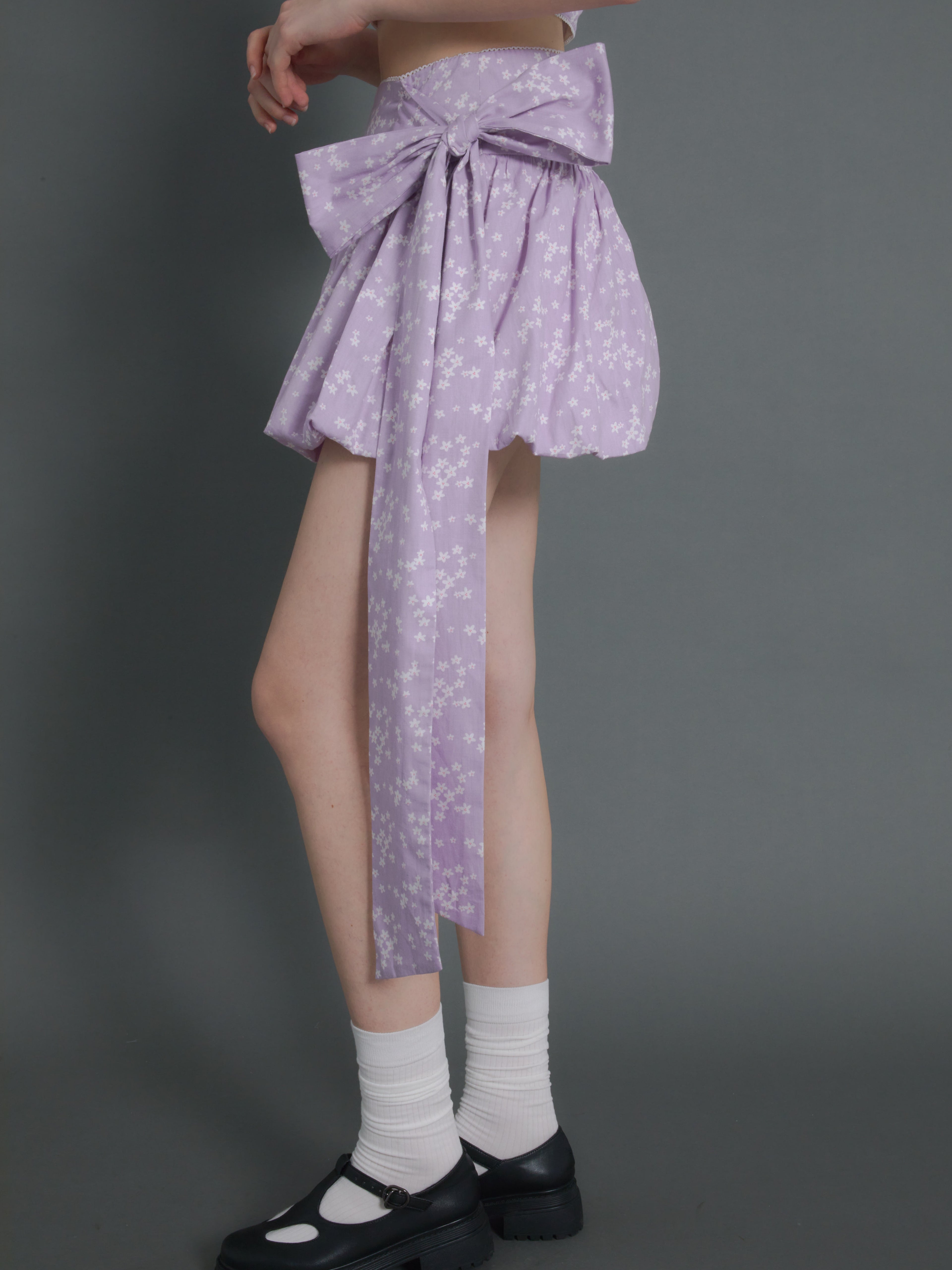 Floral Short Sleeve Cropped Top & Ribbon Bud Skirt