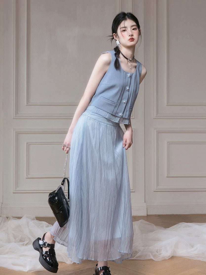 Frill Stitch U-neck Vest & Gauze Long Skirt Set-up