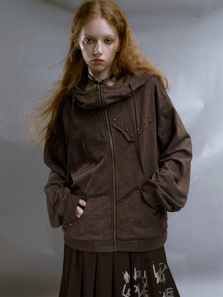 Rivet Distressed ZIP-Up Parka