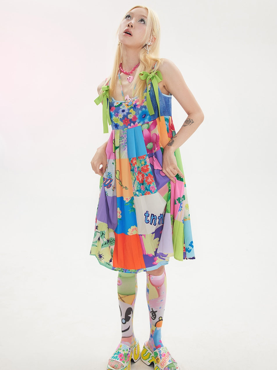 Stitching Denim Print Strap Sling One-piece