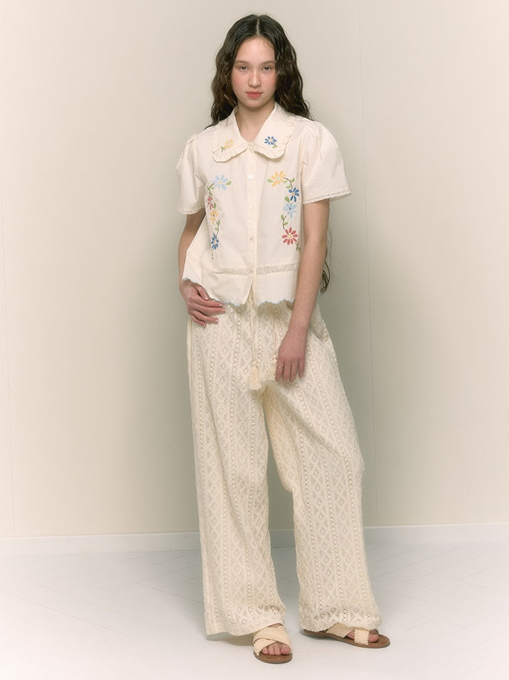 Hollow Texture Loose Straight Casual Drawstring Trousers