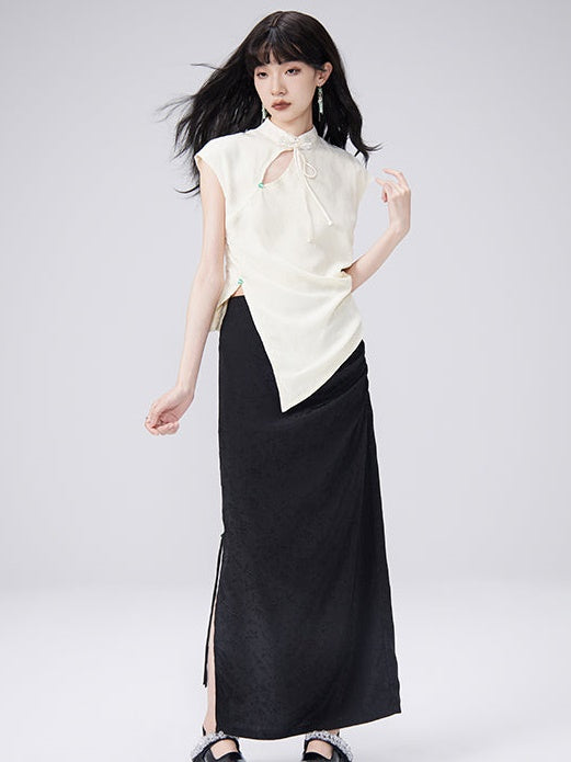 CHINESE DESIGN SLEEVELESS TOP & SLIT LONG SKIRT