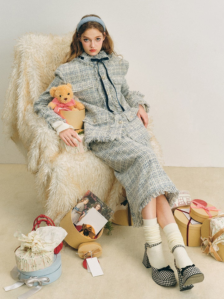 Loose Silhouette Tweed No-Collar Jacket & Mid-Length Skirt