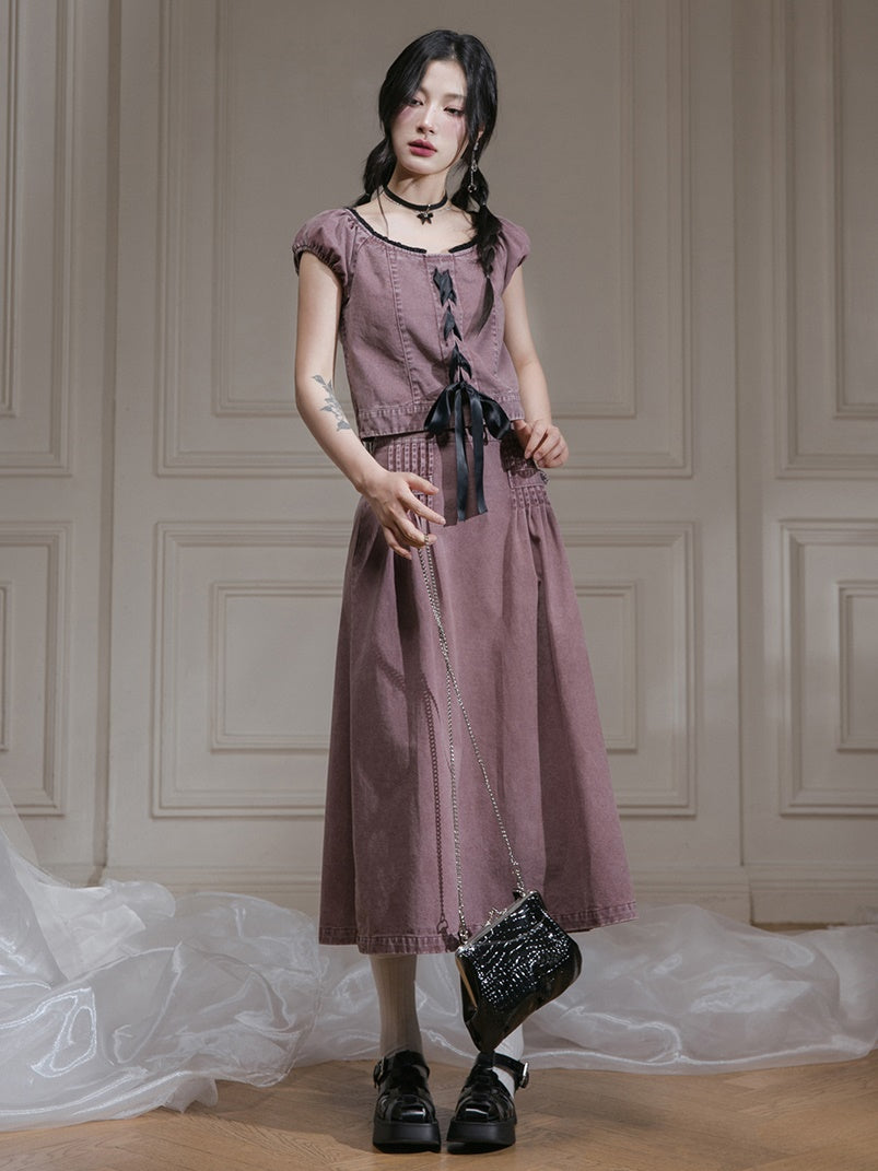 Washed Denim Lace-Up Top & A-Line Skirt Set-up