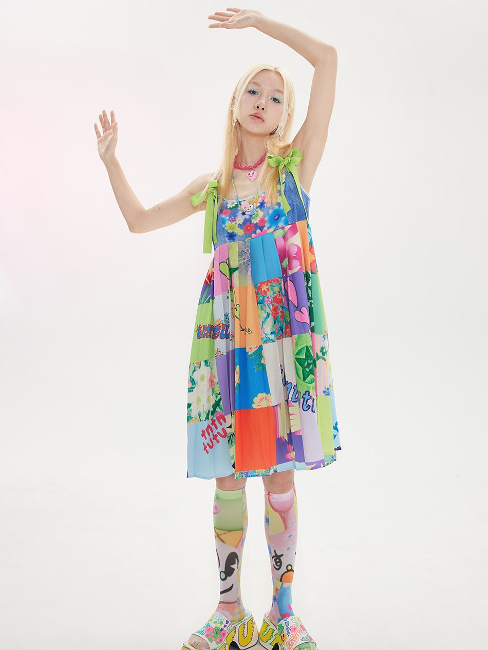 Stitching Denim Print Strap Sling One-piece