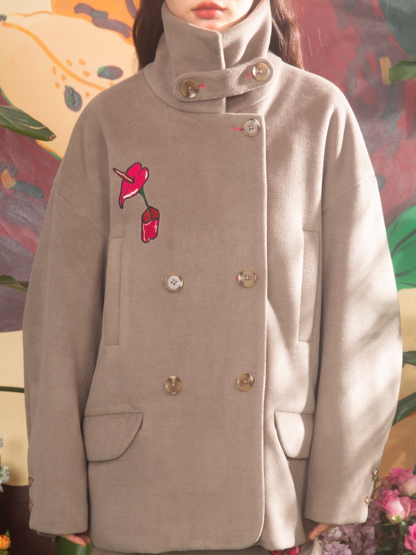 Cherry Embroidered Double Button Coat & Skirt