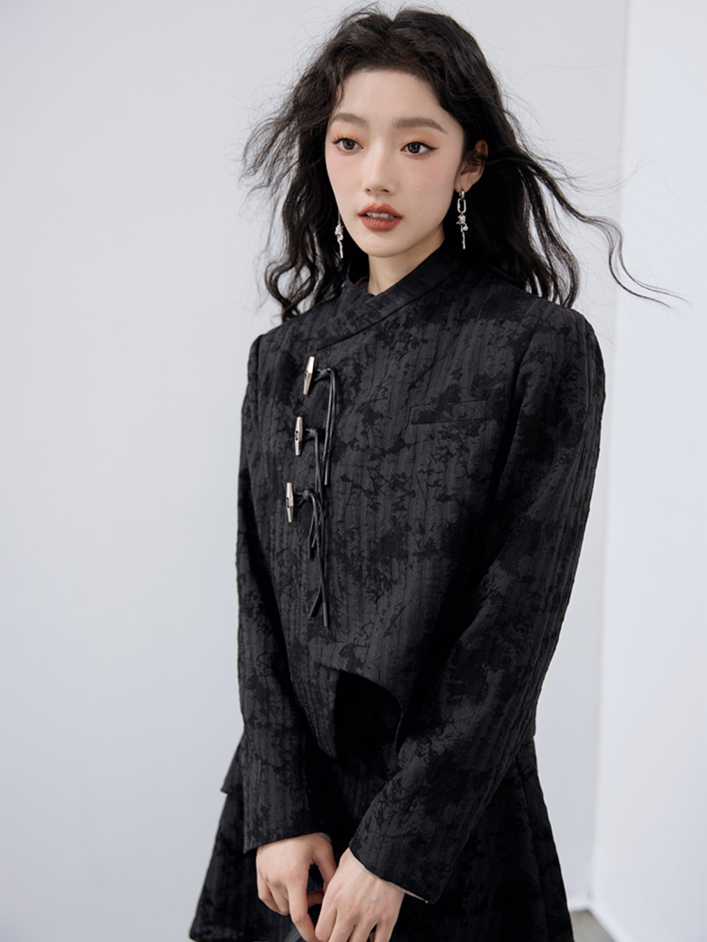 Flocking Chinese Button Asymmetry Jacket & Skirt