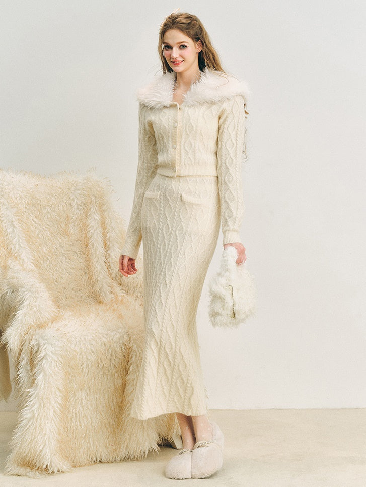Fur Collar Twist Knitted Cardigan & Long Skirt