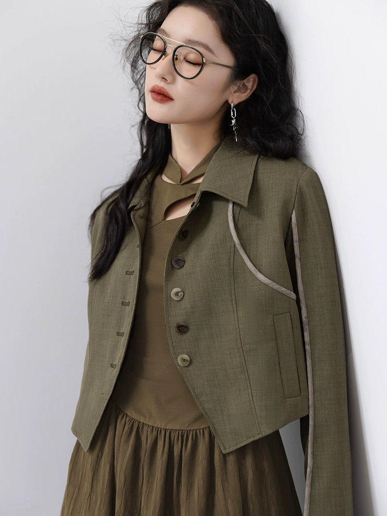 Deconstructed Retro College Style Jacket & Design Pleated Skirt