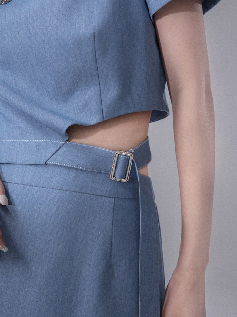 Cut-out Chinese Short Sleeve Top & Slit Skirt Set-up