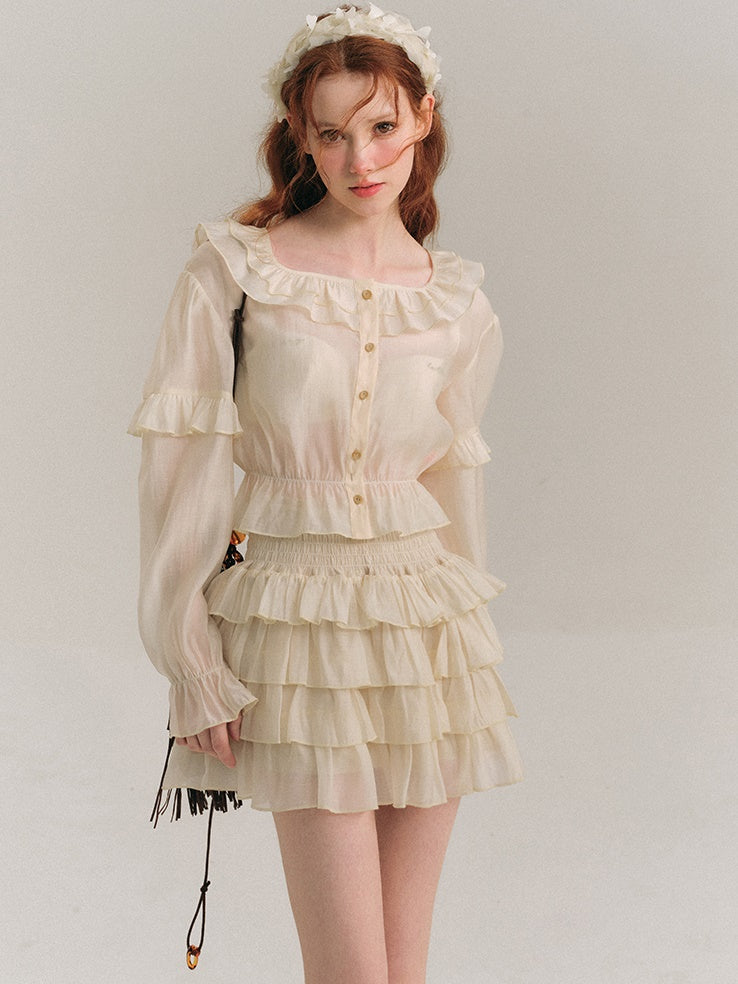 Shimmer Frill Collar Shirt & Fluffy Cake Skirt