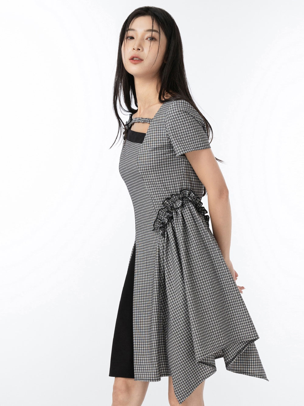 주름진 사각형 칼라 격자 무늬 프랑스 원피스