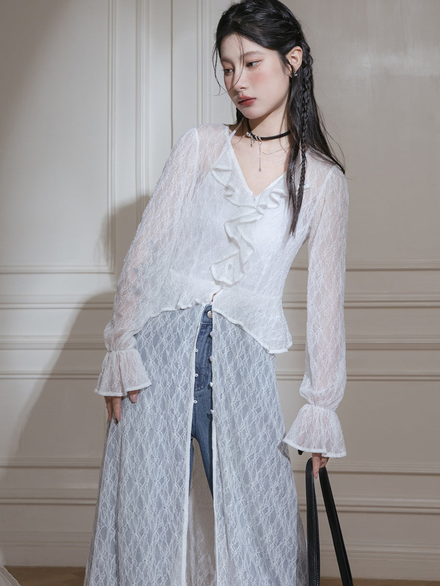 Lace V-neck Sheer Dress & Halter-neck Camisole Set-up