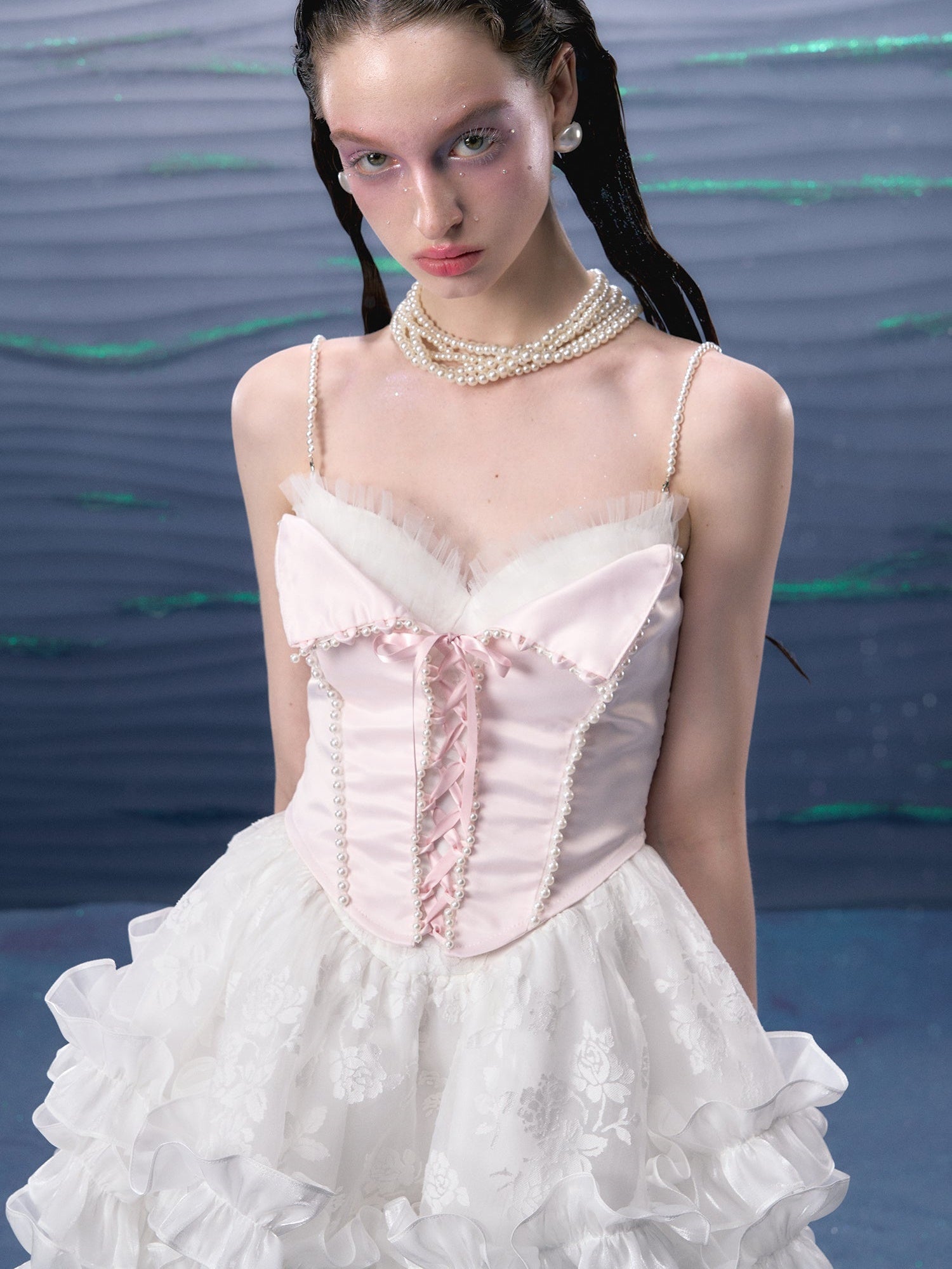 Organza Puffy Suspender Dress & Pearl Corset
