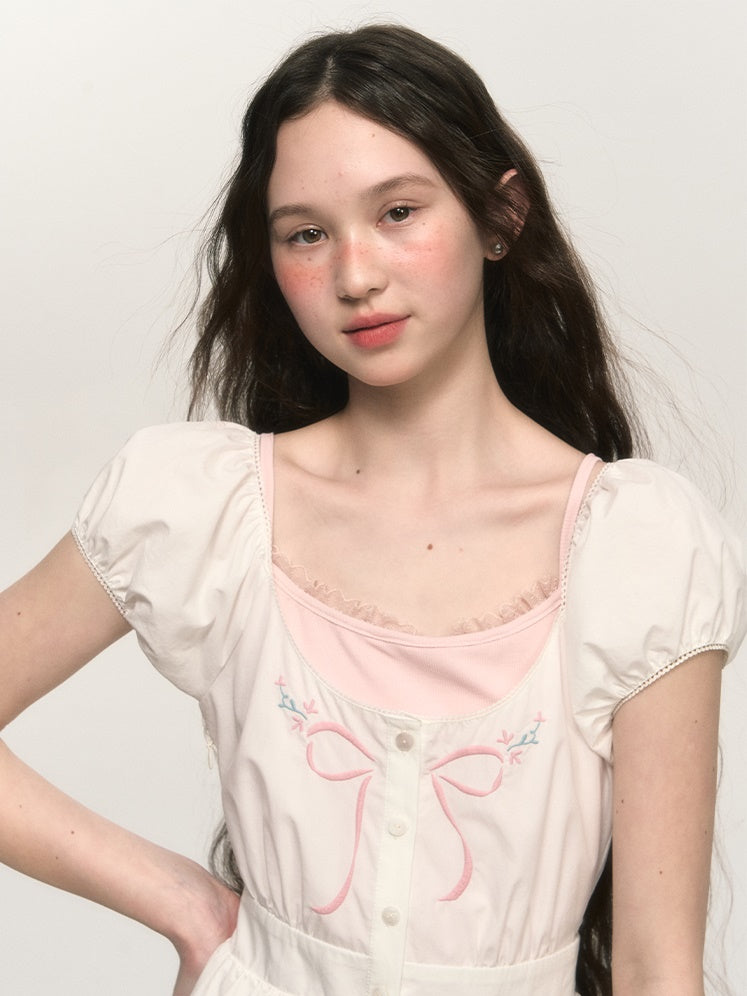 French Retro Bow Embroidery Puff Sleeve A-line One-piece