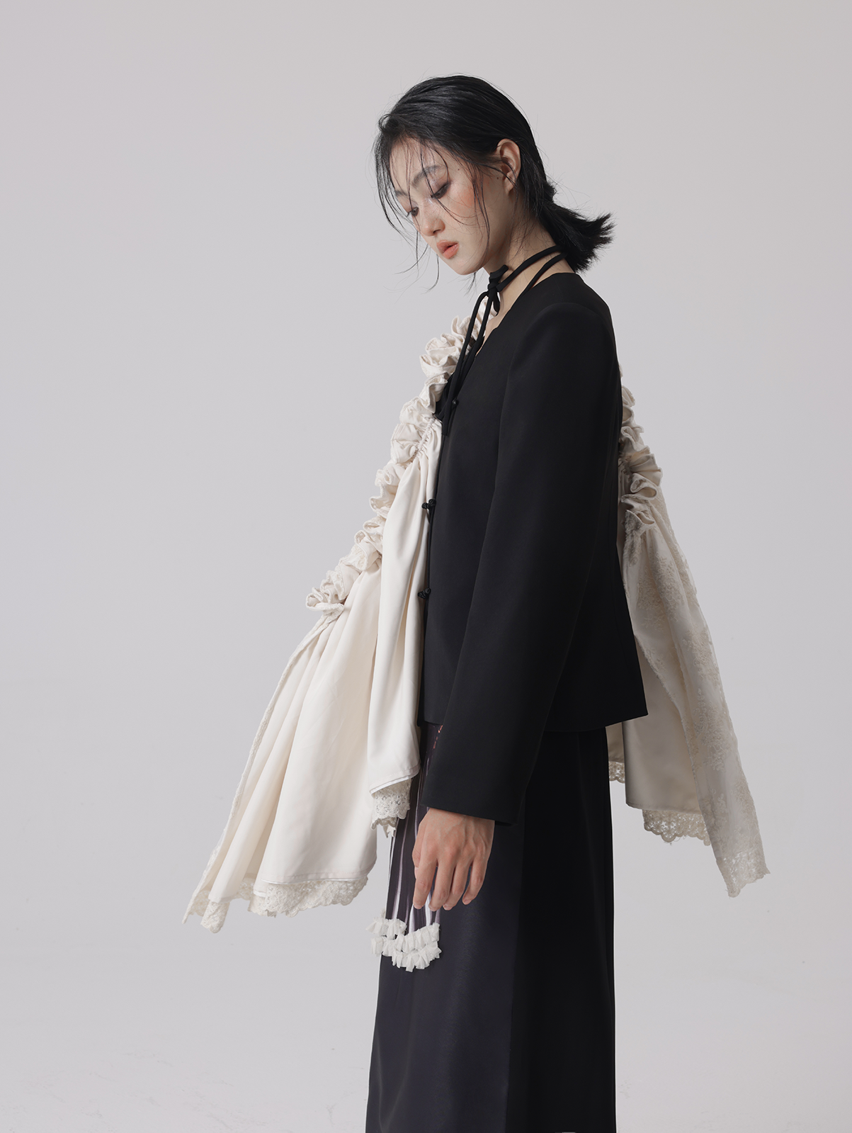 Detachable Lace V-neck Jacket & Slit Skirt