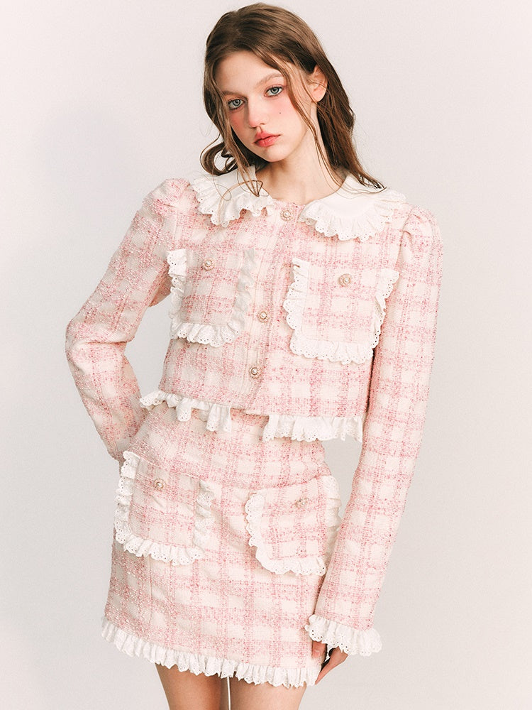 Lace Stitch Check Classical Jacket & Skirt
