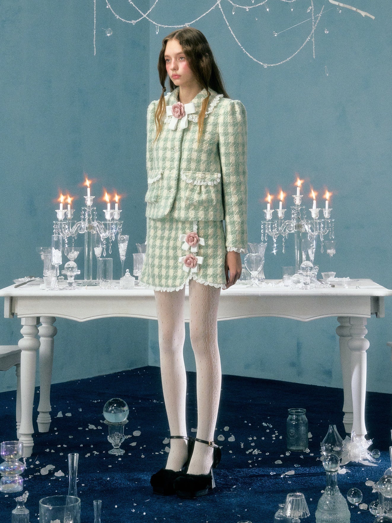 Plaid Bow Flower Brooch Lace Padded Short Jacket & Skirt