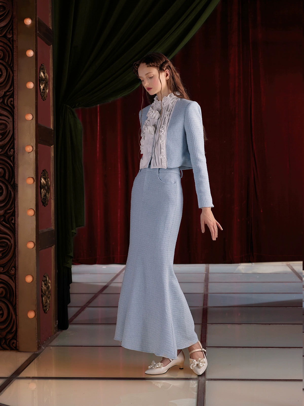 Pleated Ruffled Switching Tweed Touch Jacket & Mermaid Skirt