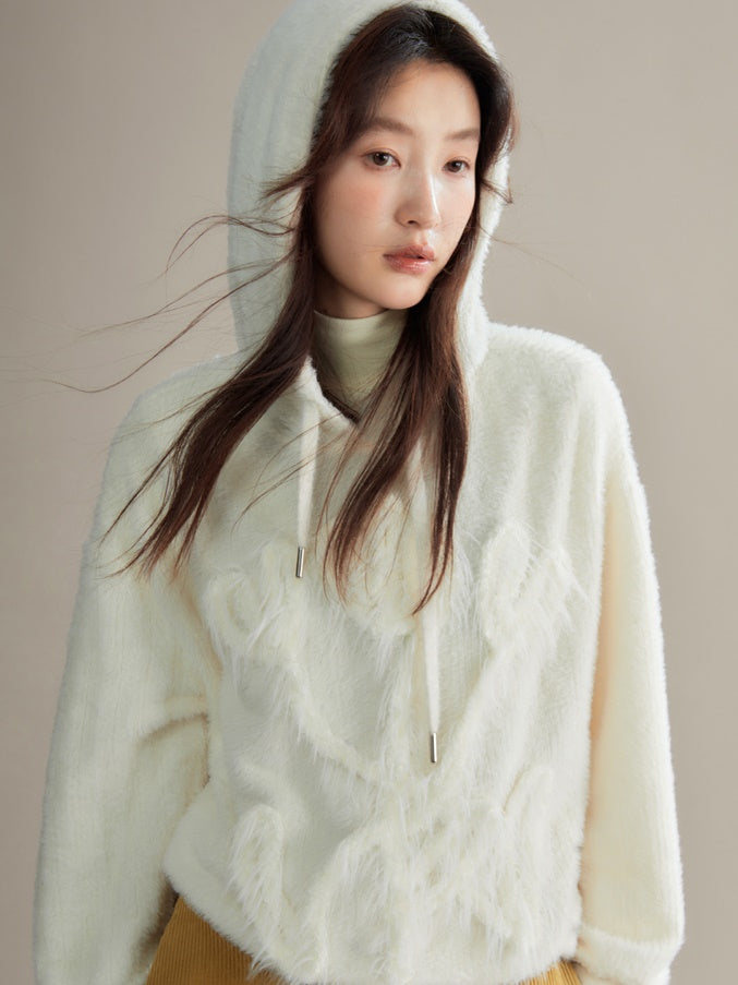 Tulip Hand Embroidery Fluffy Knitted Hooded Top