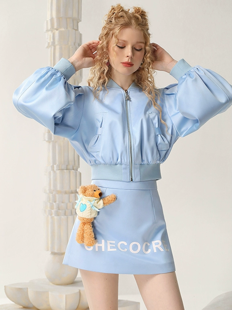 Parka&Mini-Skirt Casual Letter Balloon-Sleeve Set-Up