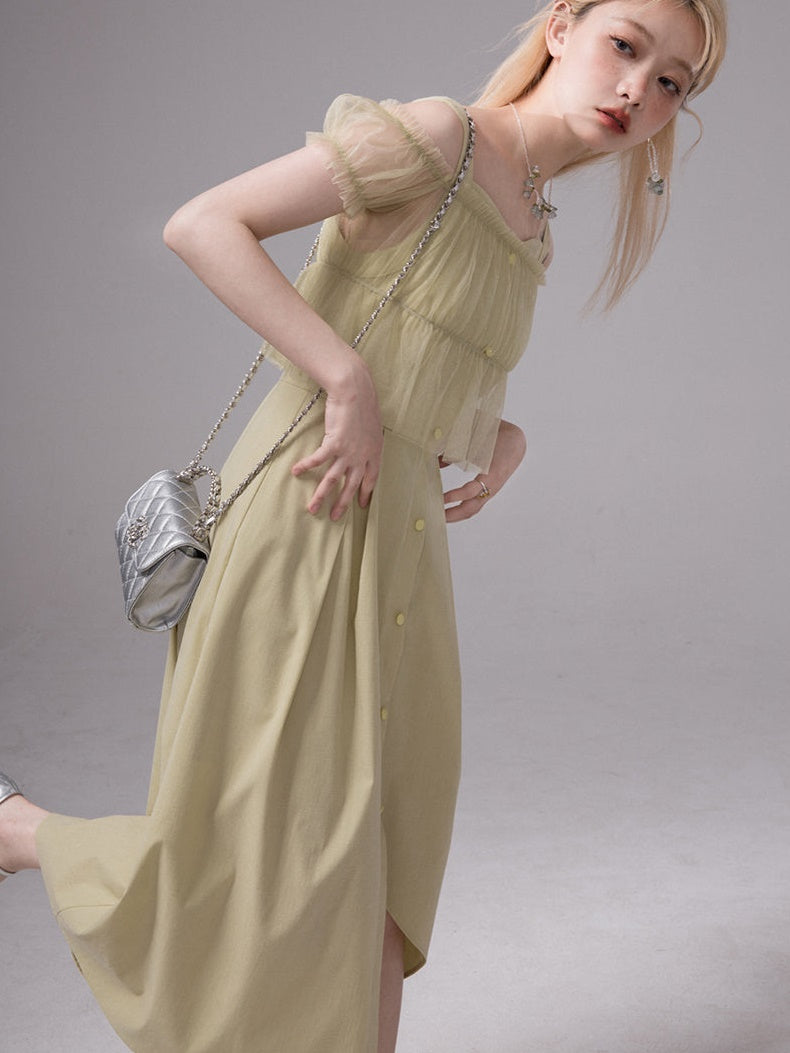 Mesh Sheer Top & Irregular Hem Sundress One-piece Set-up