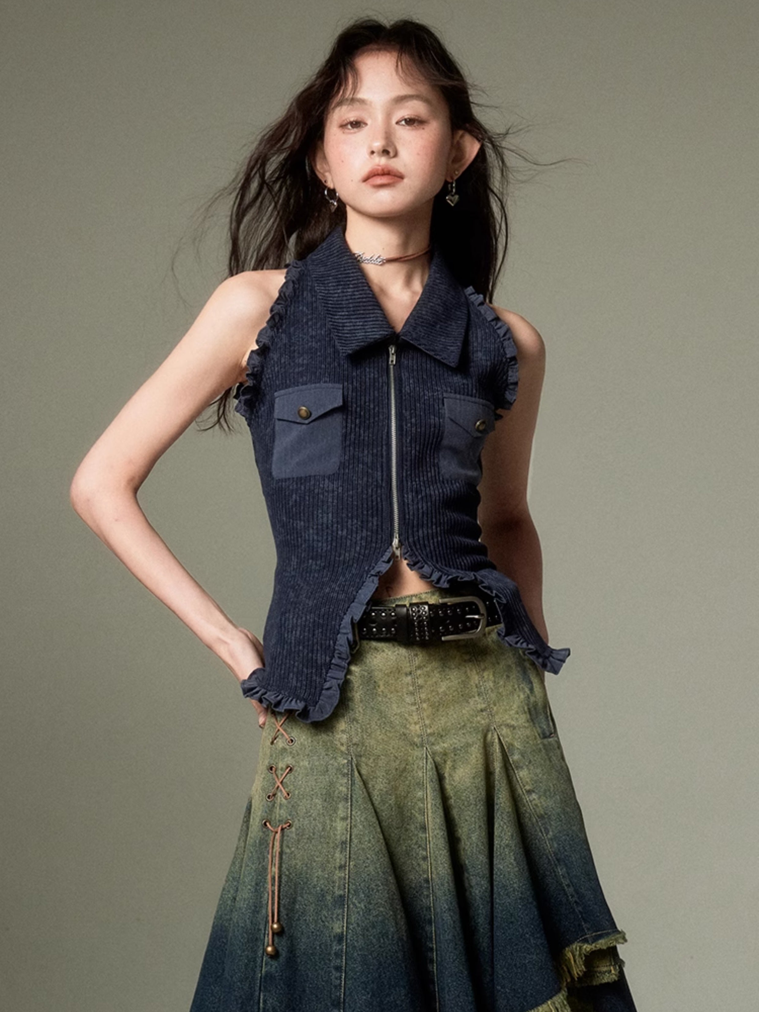 Polo Collar Knitted Sleeveless Top & Shawl Cardigan Set-up