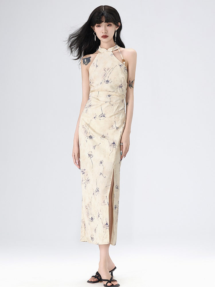 Floral American Sleeve Cheongsam Long Dress