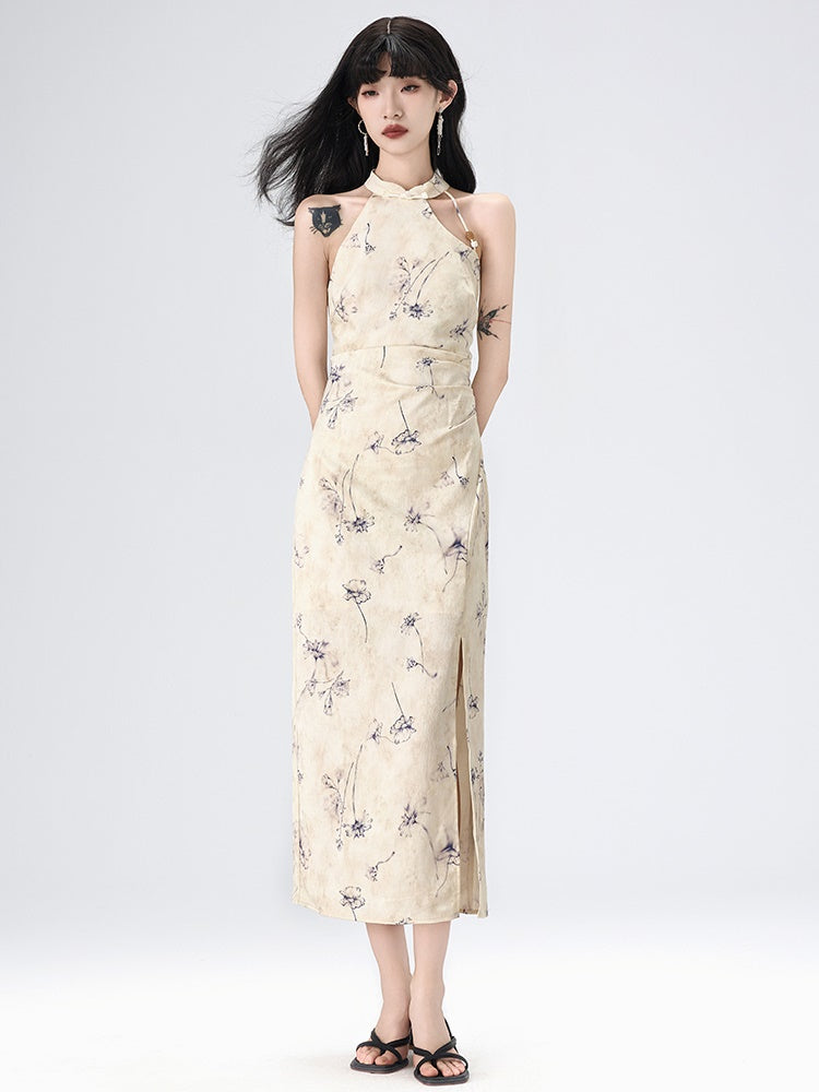Floral American Sleeve Cheongsam Long Dress