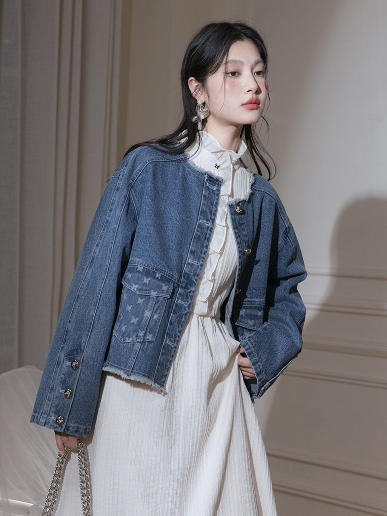 Raw Edge Jacquard Denim Jacket & Butterfly Suspender Skirt