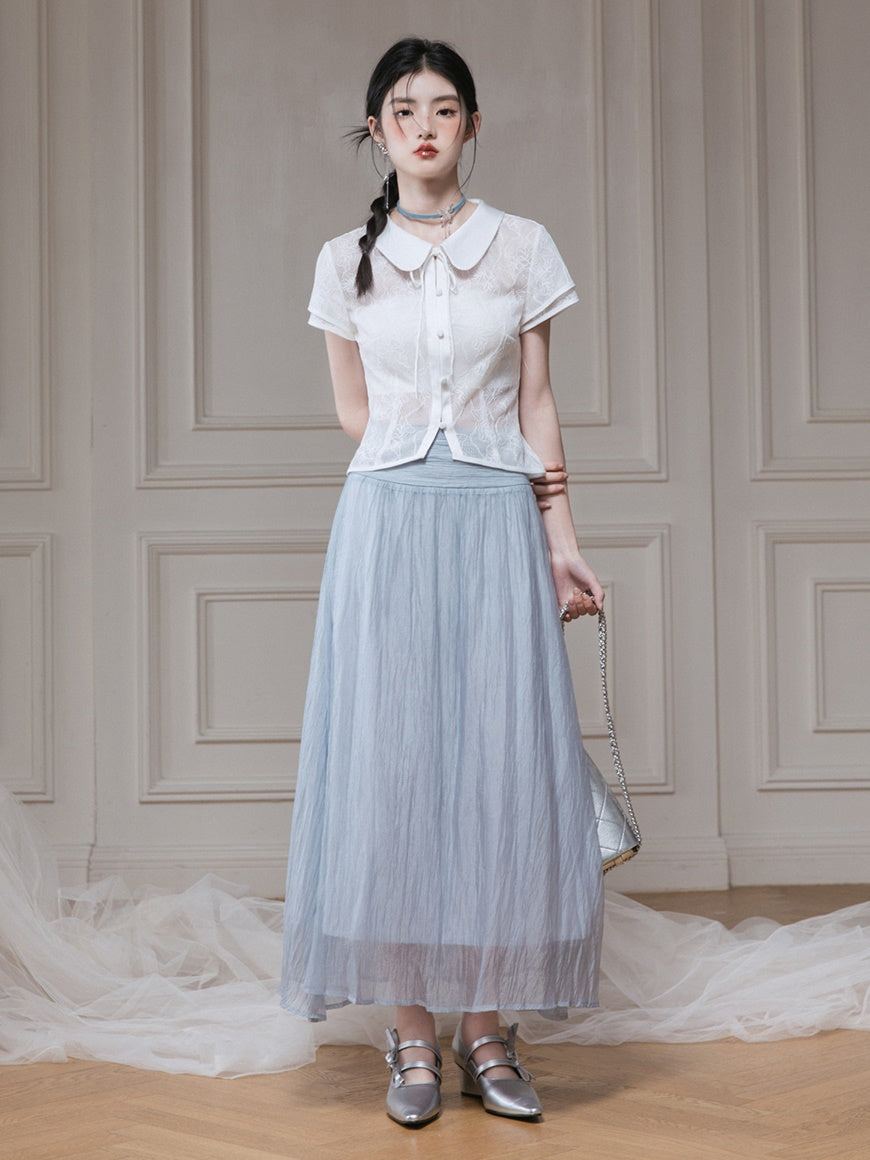 Frill Stitch U-neck Vest & Gauze Long Skirt Set-up