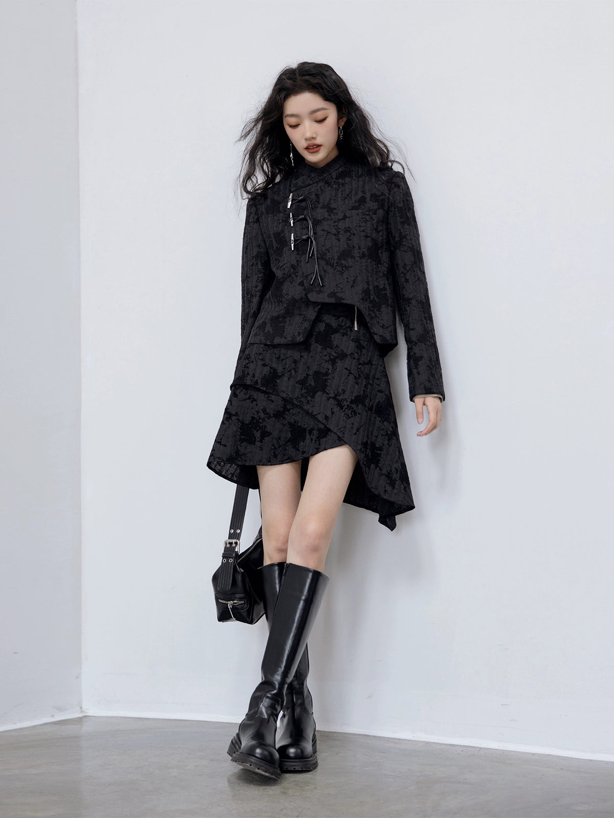 Flocking Chinese Button Asymmetry Jacket & Skirt