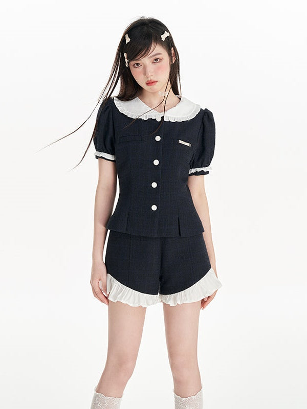 Doll Collar Puff Sleeves Small Fragrance Top & Frill Shorts