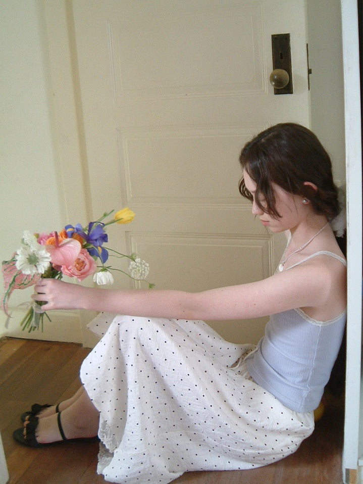 Polka Dot Lace Drawstring Elastic Waist Midi Skirt