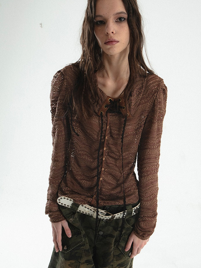 Strap Slim Jacquard Lace Hollow Top