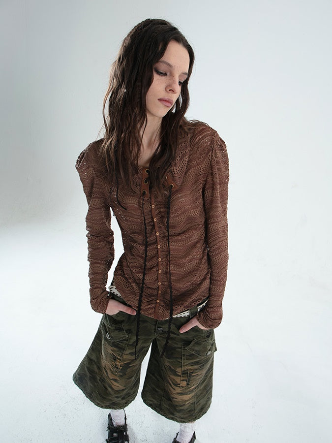 Strap Slim Jacquard Lace Hollow Top