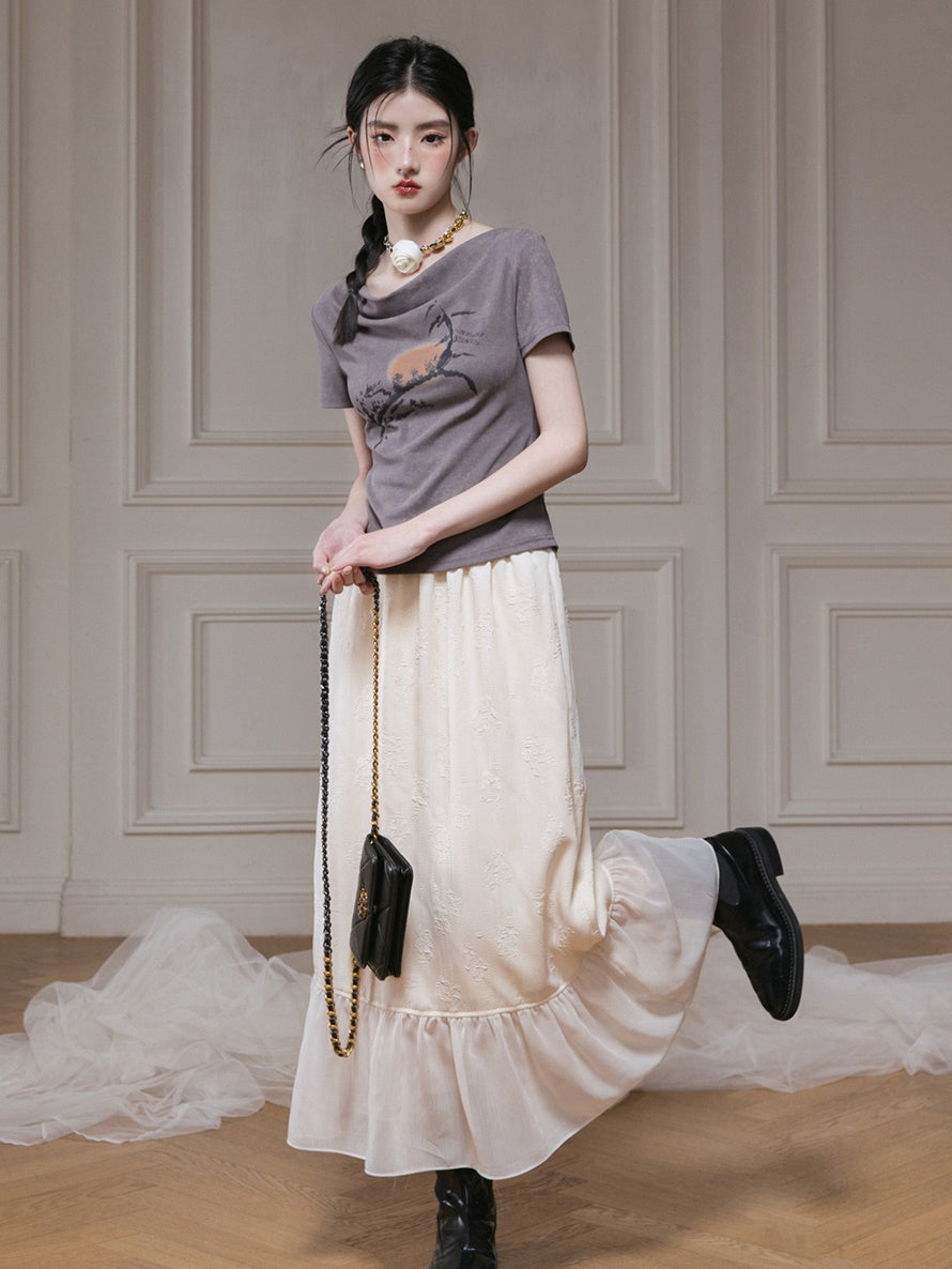 Jacquard Gauze Switching Camisole Top & Ruffle Skirt Set-up