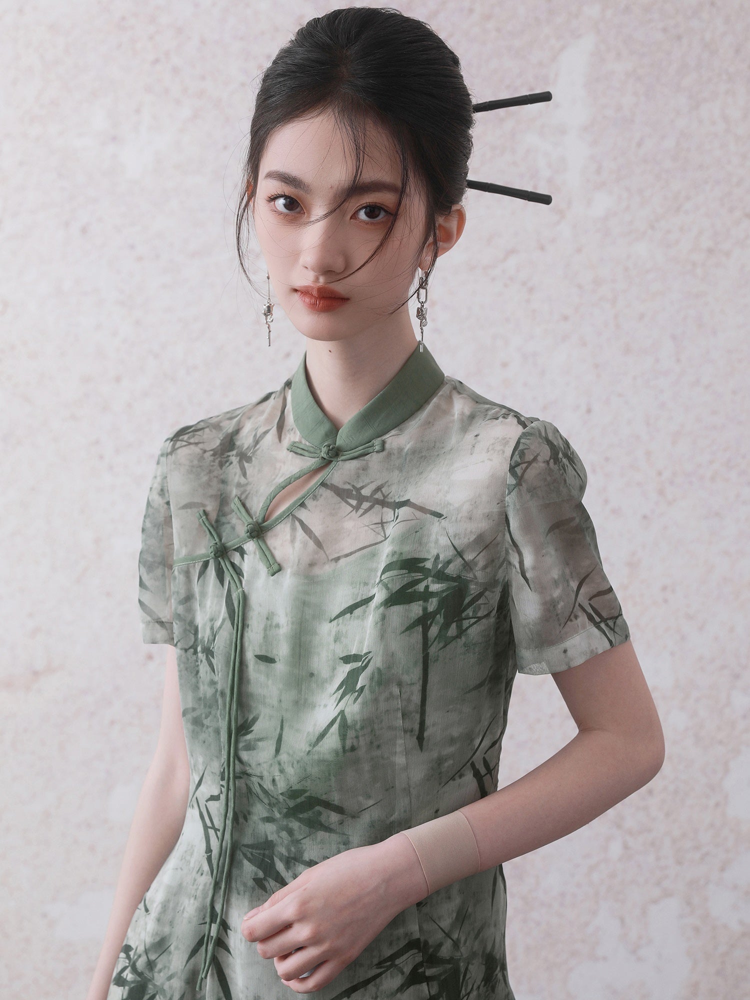 Chinese Style Bamboo Leaf Print Long Shirt & Camisole One-piece Set-up